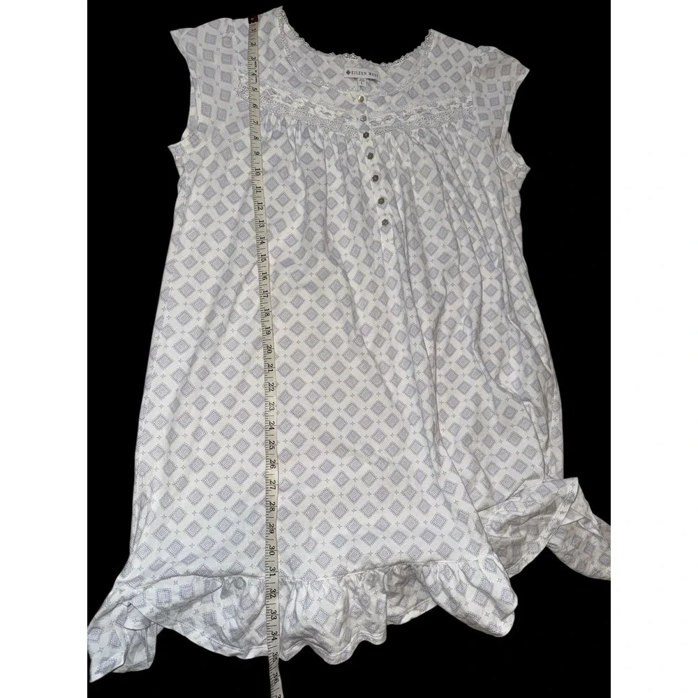 Eileen West Nightgown Womens L White Blue Diamond Lace Trim Ruffle Hem Cotton
